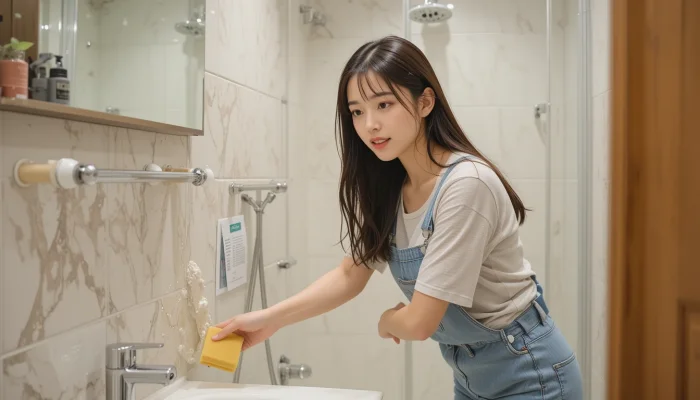 욕실 타일을 닦아 곰팡이를 제거하는 모습