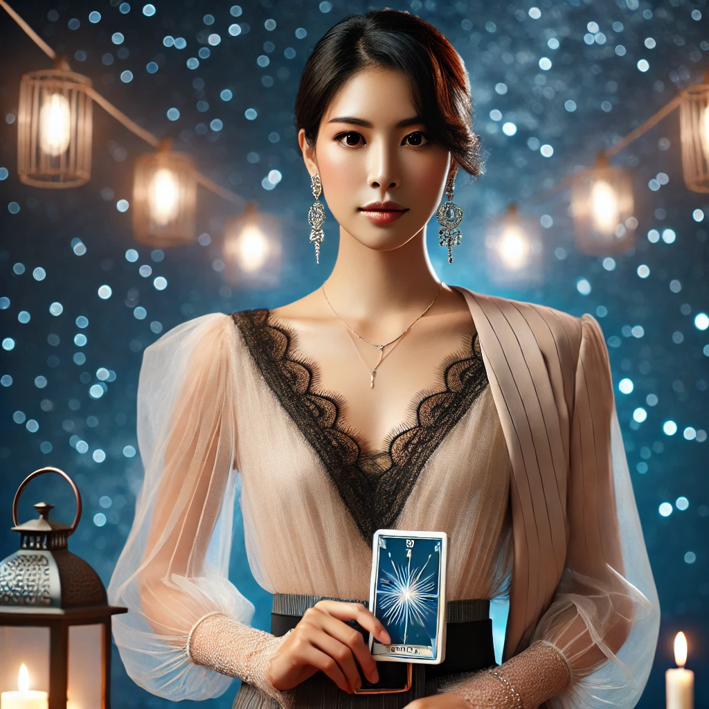 20대 후반의 한국 여성이 별이 빛나는 하늘 아래 서서 현대적인 서양식 타로카드를 들고 있는 모습, 세련되고 신비로운 의상을 입고, 주변은 부드러운 등불빛으로 은은하게 밝혀져 차분하고 자신감 있는 분위기를 자아냄.