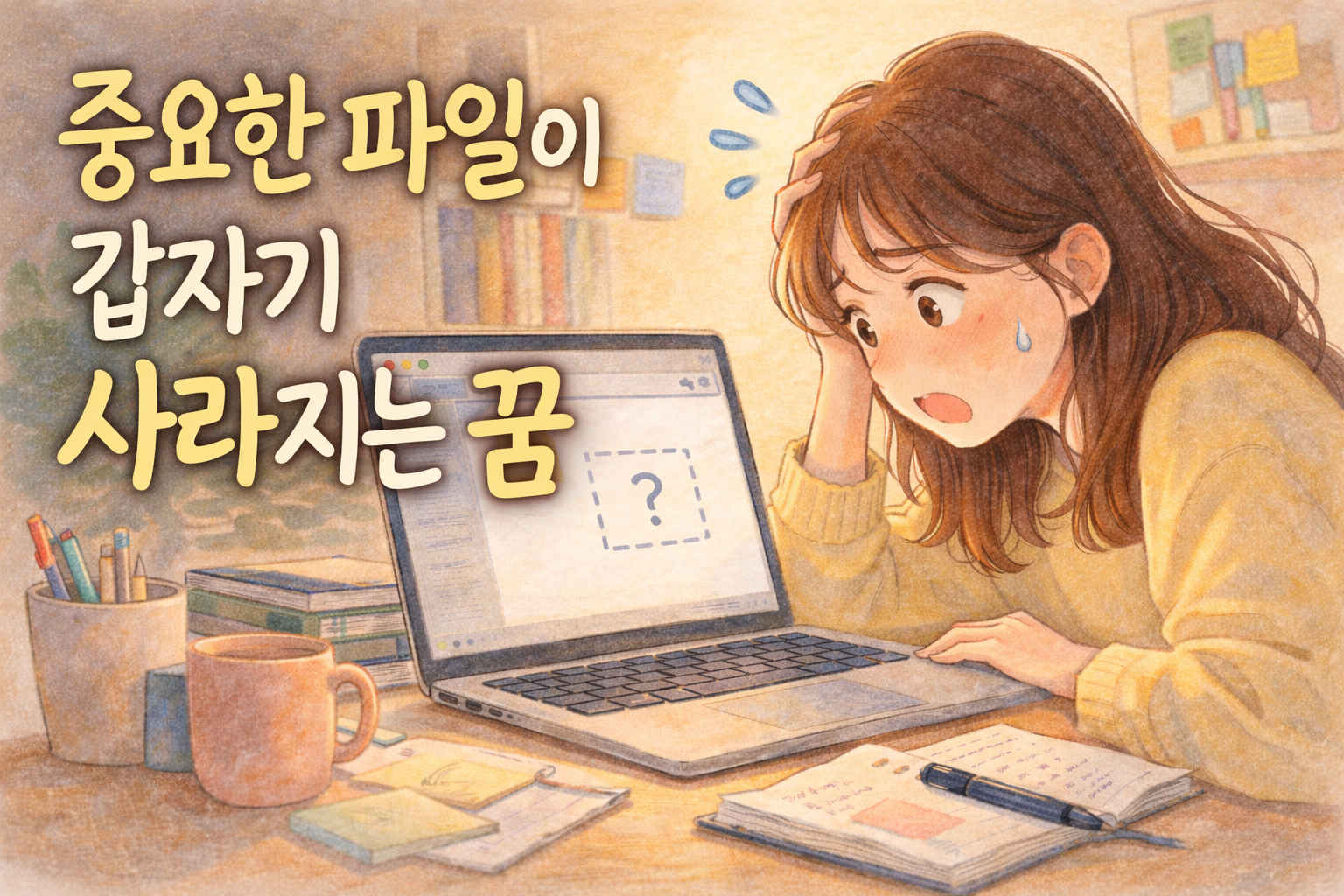 노트북 화면에서 중요한 파일이 사라진 것을 보고 당황한 표정으로 책상 앞에 앉아 있는 여성의 색연필 스타일 일러스트