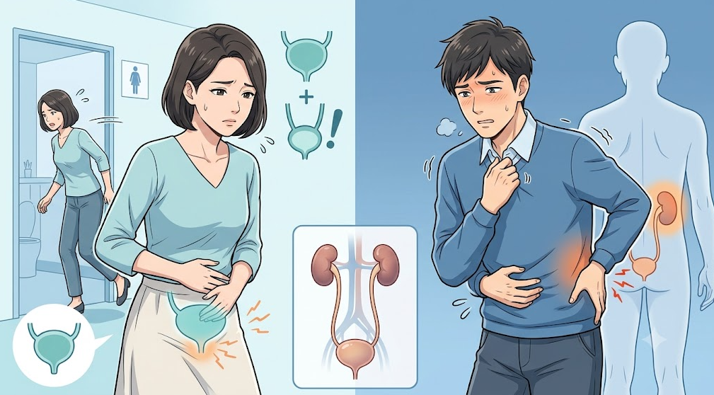 하부요로 증상과 발열, 오한, 옆구리 통증이 동반된 신장 감염 의심 상황을 비교한 메디컬 일러스트
