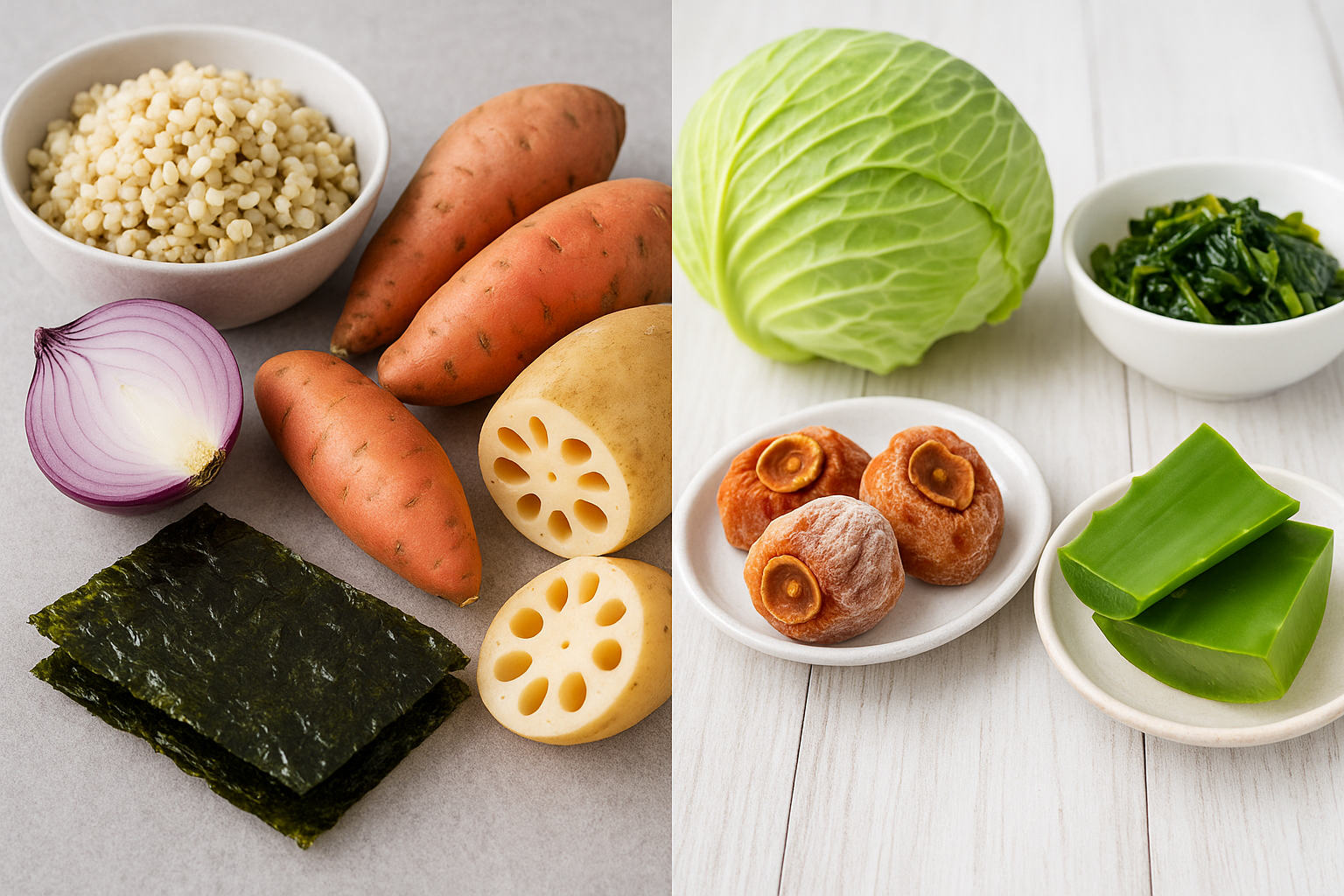 현미밥과 보리밥
양파
고구마
연근
김
시래기
곶감
양배추
알로에