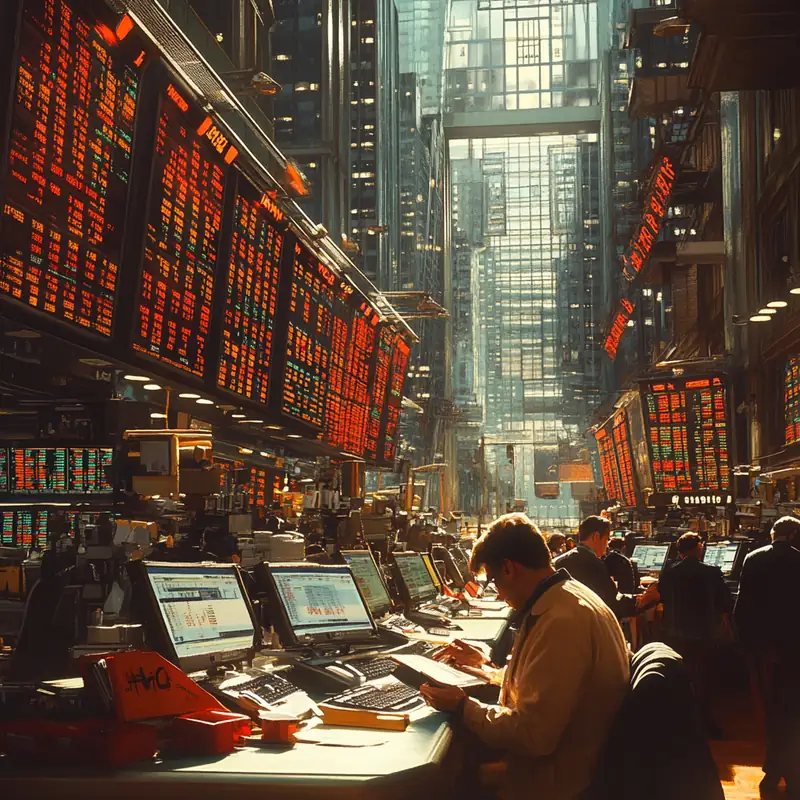 국제 주식 시장에서 투자자들이 높은 배당 수익률을 위한 ETF를 철저히 분석하는 활기찬 장면입니다. 전문적인 분위기와 다양한 건축적 요소가 어우러져 있습니다.