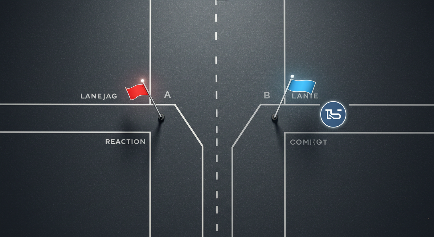 출발선에서 갈라지는 두 개의 길이 A는 반응 깃발로, B는 편안함 아이콘으로 향하는 상징적 이미지