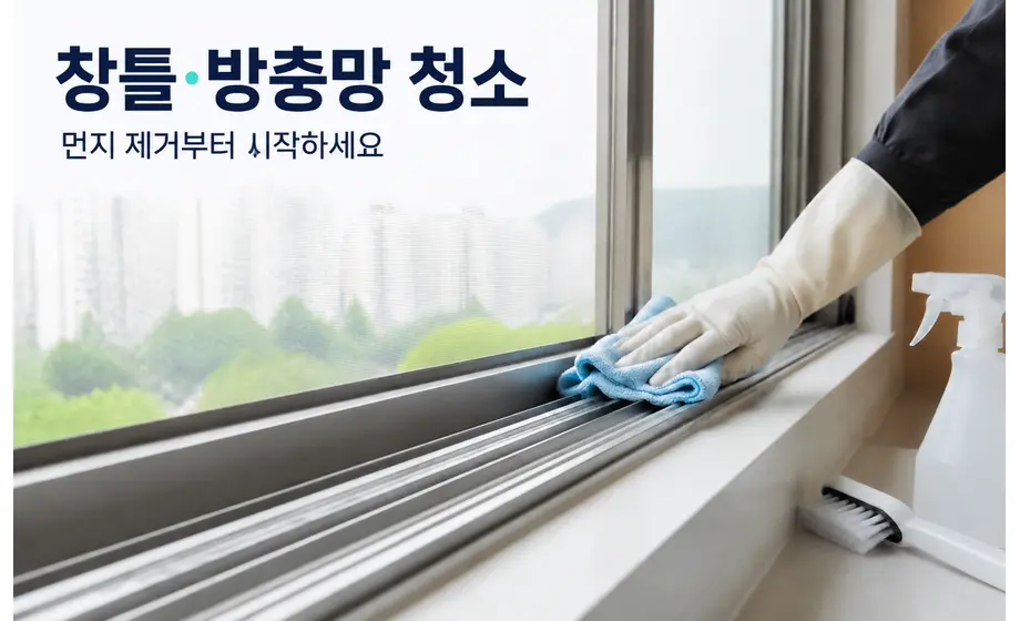 창틀과 방충망을 극세사 수건으로 청소하는 모습