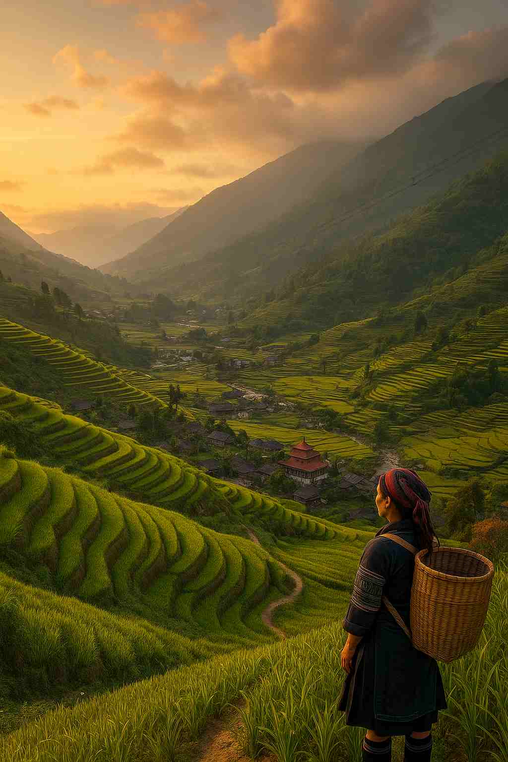 사파의 계단식 논과 전통 의상을 입은 여성, 황금빛 노을 아래 펼쳐진 고산 마을 풍경