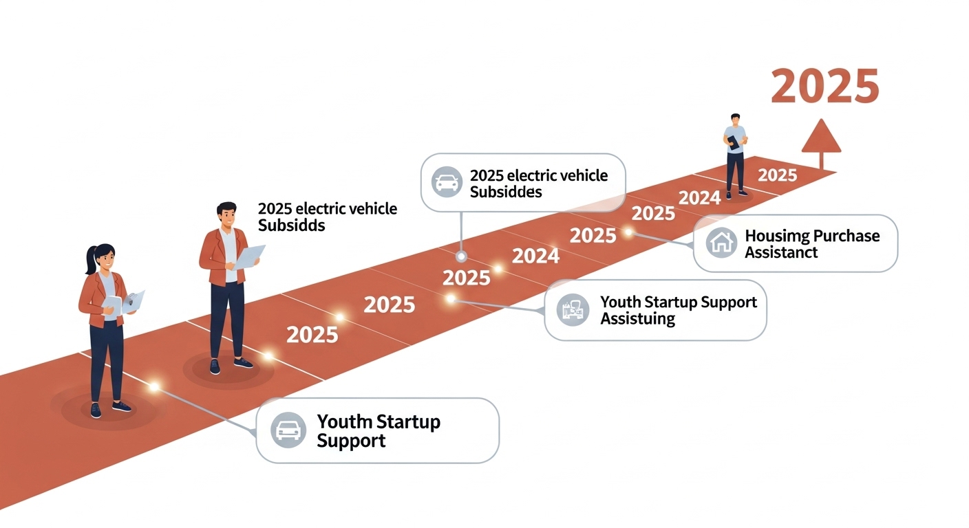 2025년 전기차 보조금, 청년 창업 지원금 등 최신 정부 지원 정책 로드맵. 미래 지향적인 디자인으로 새로운 혜택을 안내한다.