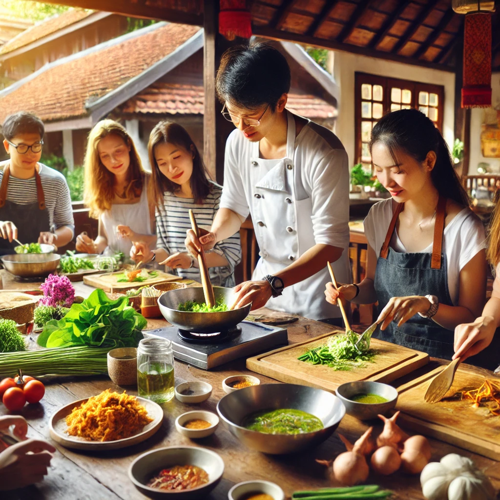 쿠킹 클래스에서 태국 요리를 배우는 모습