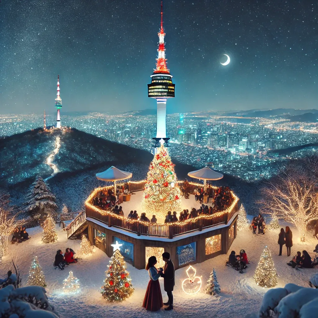 서울 남산 타워의 크리스마스 조명과 겨울 야경