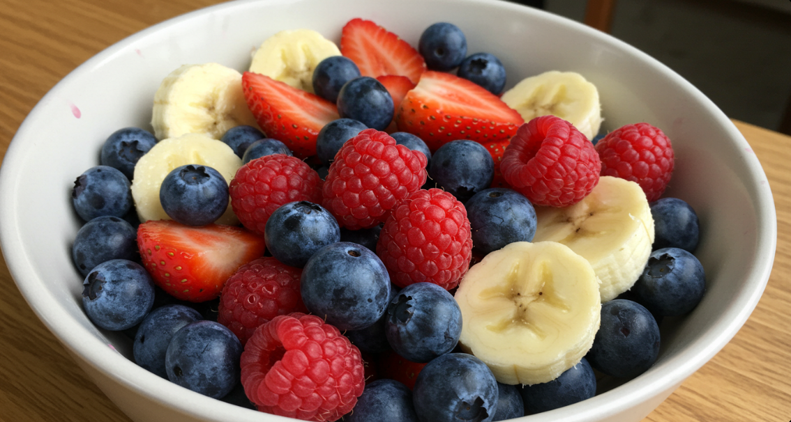 블루베리, 딸기, 라즈베리와 바나나의 만남