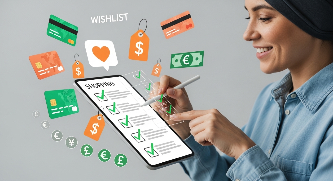 블랙프라이데이 쇼핑 전 위시리스트와 결제 수단을 확인하는 스마트 쇼핑 체크리스트 일러스트.