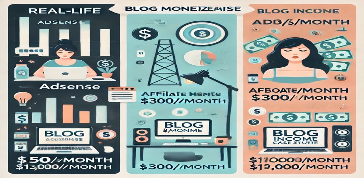 다양한 블로그 수익 모델(애드센스, 제휴마케팅, 전자책 등)과 실제 월 수익 예시를 보여주는 인포그래픽