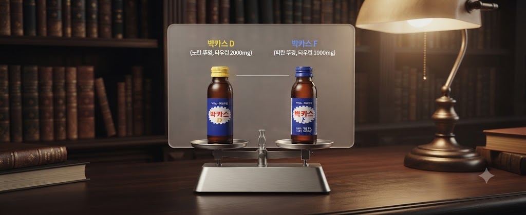 이안 박의 서재에 설치된 정밀 저울이 노란 뚜껑(약국용 박카스D)과 파란 뚜껑(편의점용 박카스F)의 미묘한 실물 차이를 타우린 함량과 함께 정확히 대조해 보여준다.