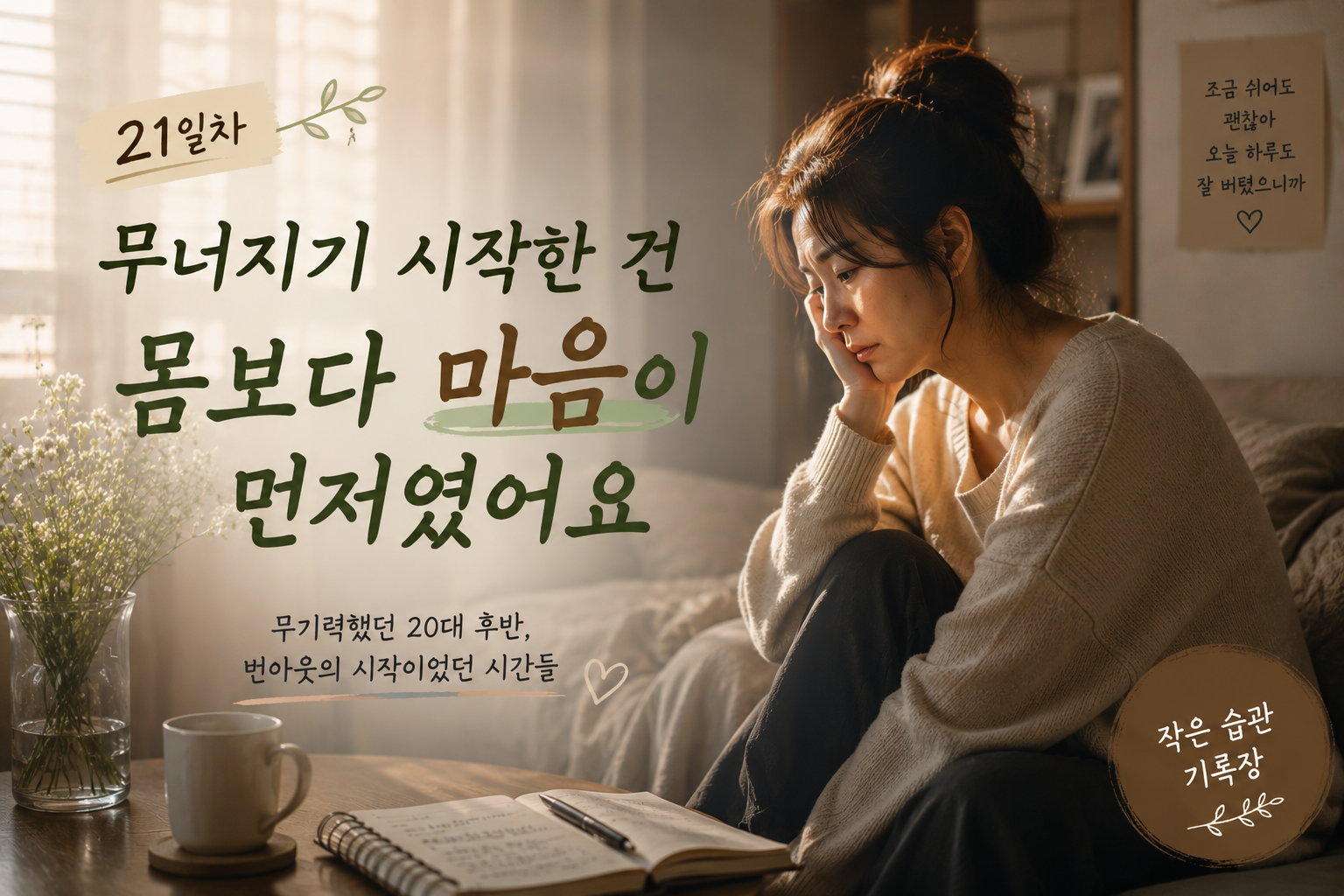 번아웃과 무기력으로 인해 생활패턴이 무너지고 사람들과의 관계가 멀어졌던 40대 여성의 감성 이미지