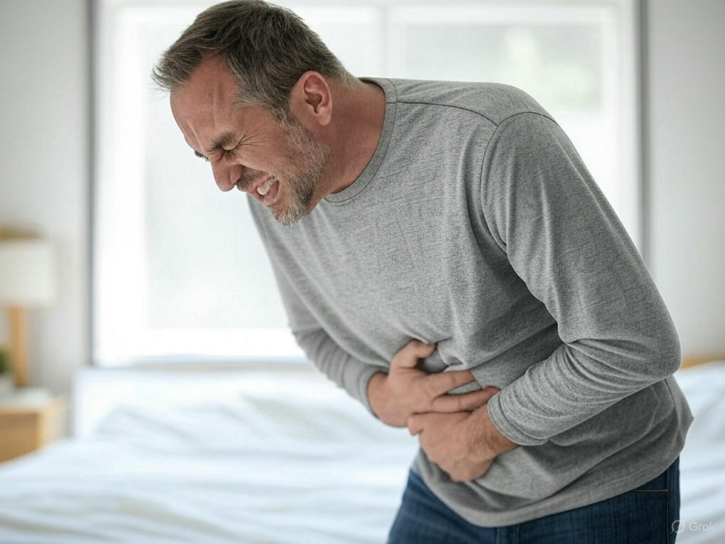 복통으로 배를 움켜쥐고 있는 사람, 장염 증상을 나타내는 이미지