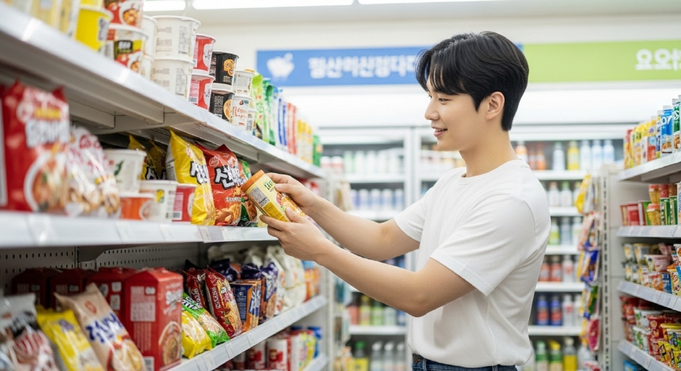 편의점에서 물건을 고르는 20대 청년