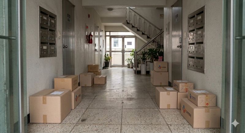 강남 빌라 현관 좁은 복도에 젊은 여학생들이 시킨 듯한 10여 개의 택배 상자들이 놓여있다. 차가운 금속 현관문과 대조되는 택배 물량의 모습.