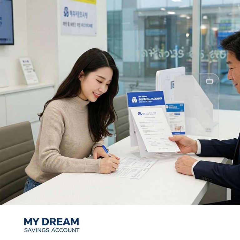 젊은 한국 여성이 은행에서 마이 드림 저축예금에 가입하고 있습니다. 밝고 현대적인 은행 지점 내부에서 여성이 미소를 지으며 서류에 서명하고 있습니다. 은행 직원이 계좌의 기능과 이점을 자세히 설명하고 있습니다.