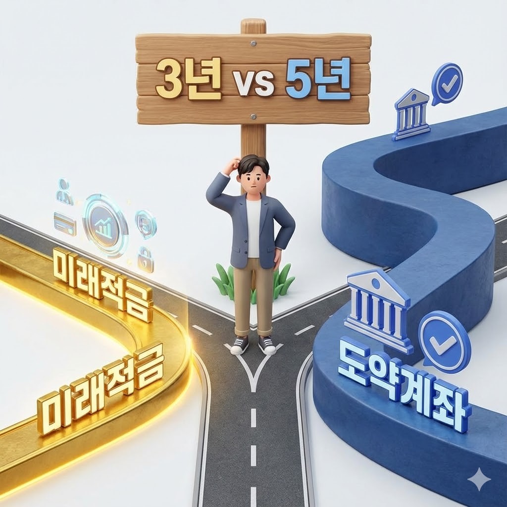 청년미래적금과 청년도약계좌 갈림길에서 고민하는 청년 일러스트