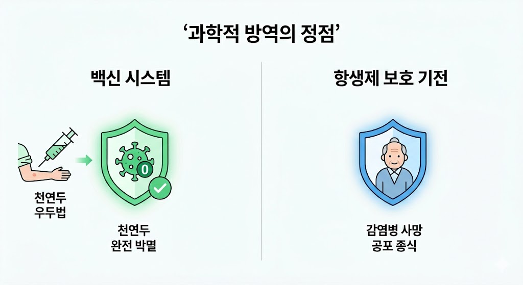 '과학적 방역의 정점' 제목 아래, 주사와 바이러스를 박멸한 방패로 표현한 '백신 시스템'과 노인을 보호하는 방패로 감염병 사망 공포를 종식시킨 '항생제 보호 기전'이 두 개의 섹션으로 나뉘어 설명됩니다.