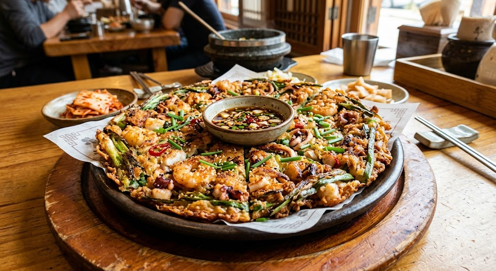 원목 테이블 위에 노릇노릇하고 바삭하게 구워진 커다란 해물파전이 놓여 있습니다. 파전 위에는 새우, 오징어 등 해산물과 쪽에 쪽파, 붉은 고추가 가득 올라가 있으며, 중앙에는 다진 파와 고추가 들어간 간장 양념 종지가 놓여 있습니다. 주변에는 배추김치, 무장아찌, 뚝배기 용기, 숟가락과 젓가락이 함께 차려져 있습니다.
