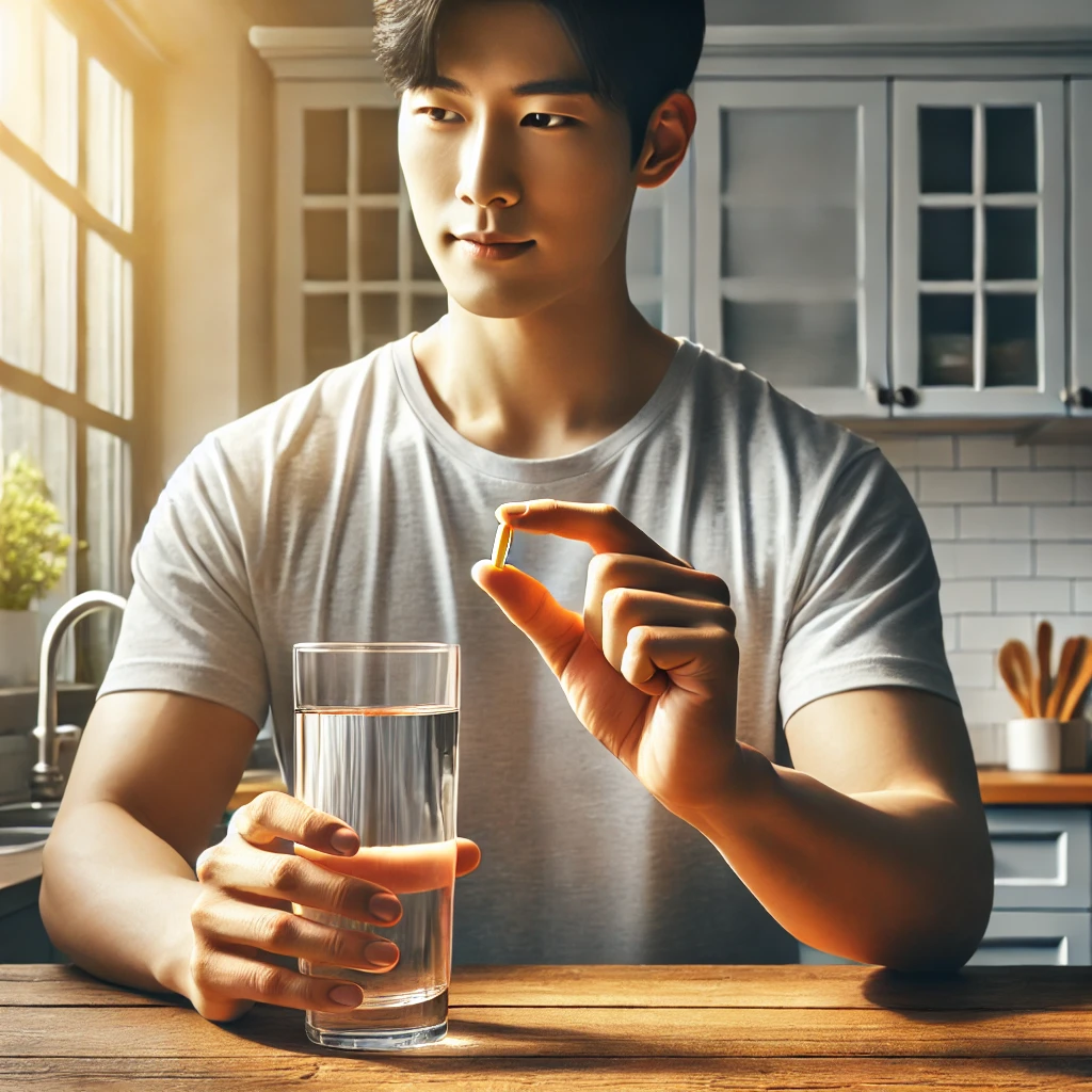 "한국 남성이 비타민 보충제를 물과 함께 섭취하는 장면, 밝고 깨끗한 건강한 아침 풍경"