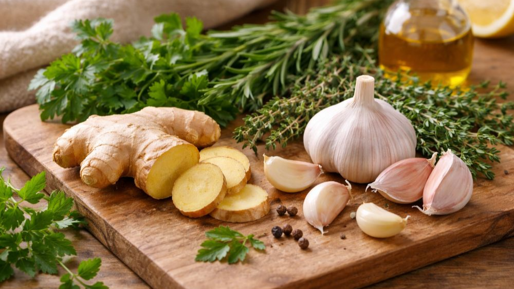 생강 단면, 껍질 벗긴 마늘, 파슬리와 허브가 우드 보드 위에 놓여 &ldquo;자연에서 온 면역력&rdquo;을 상징하는 재료 사진.