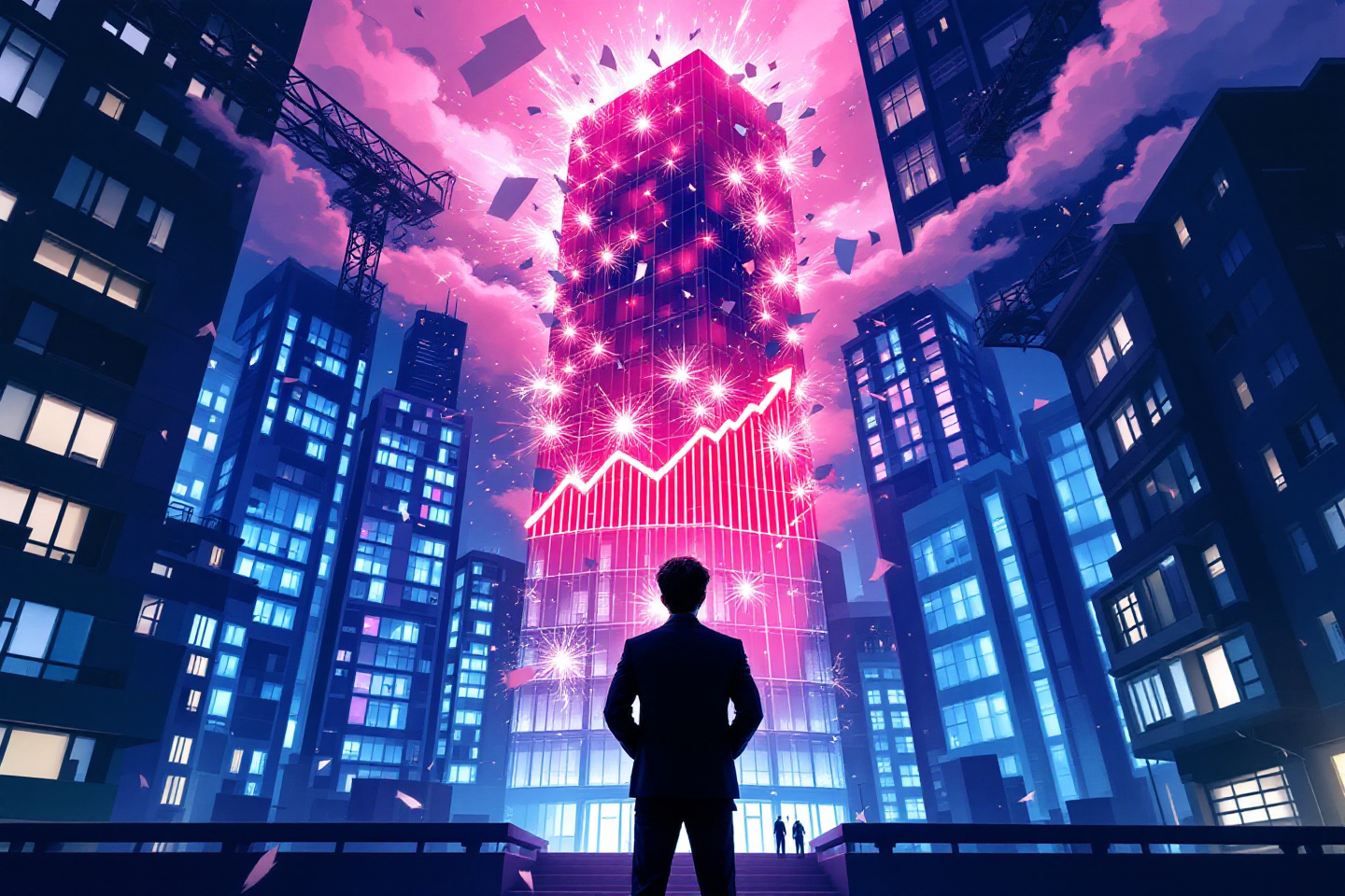 부동산 버블이 터지는 상징적인 모습과 이를 바라보는 남성