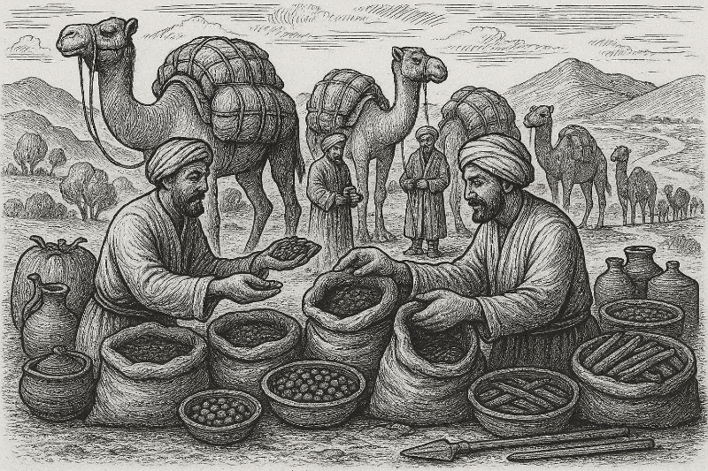 실크로드를 따라 차를 운반하는 고대 상인들의 모습