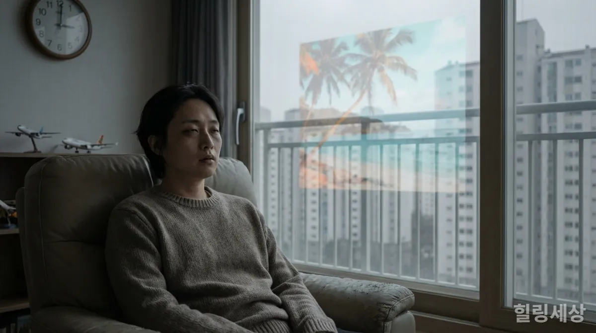 여행 후 생체 리듬 불균형, 신체 피로, 심리적 공허함이 복합적으로 나타나는 모습