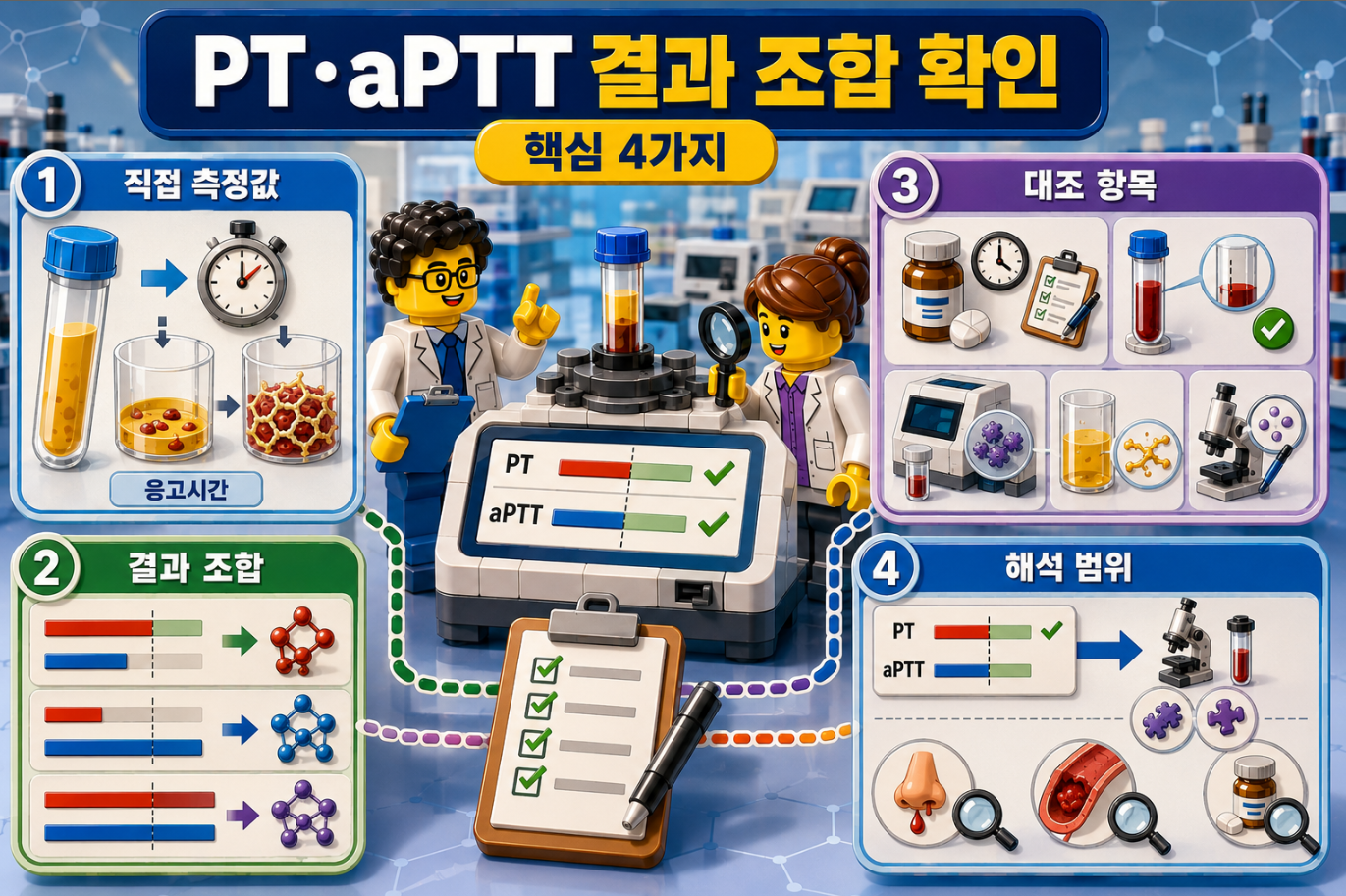 PT와 aPTT 결과 조합 해석의 핵심 4가지 원칙을 직접 측정값, 결과 조합, 대조 항목, 해석 범위로 정리한 레고 스타일 의료 인포그래픽
