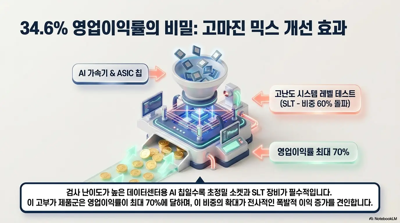 ISC 주가 전망: ISC의 34.6퍼센트 영업이익률 비결인 고마진 믹스 개선 효과를 설명하는 인포그래픽. AI 가속기&middot;ASIC 칩의 고난도 시스템 레벨 테스트 비중이 60퍼센트를 넘고&amp;#44; 데이터센터향 일부 제품 영업이익률이 최대 70퍼센트에 달하는 구조를 시각적으로 전달함. 