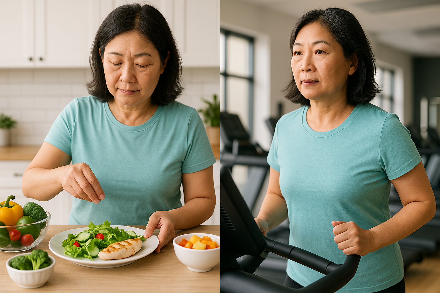 당뇨를 예방하기 위해 건강식 준비와 운동을 하는 여성