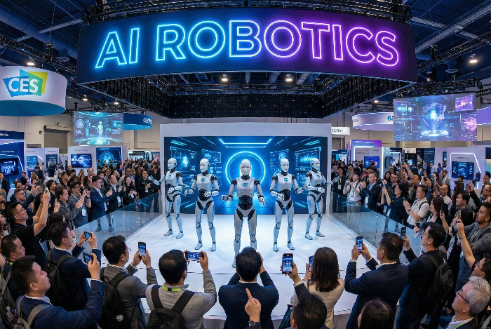 CES 2026 현장에서 관람객들의 주목을 받는 차세대 가정용 휴머노이드 로봇 전시 전경