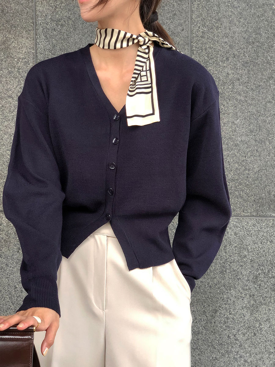 가을 온티 브이넥 벌룬 소매 크롭 시보리 니트 가디건