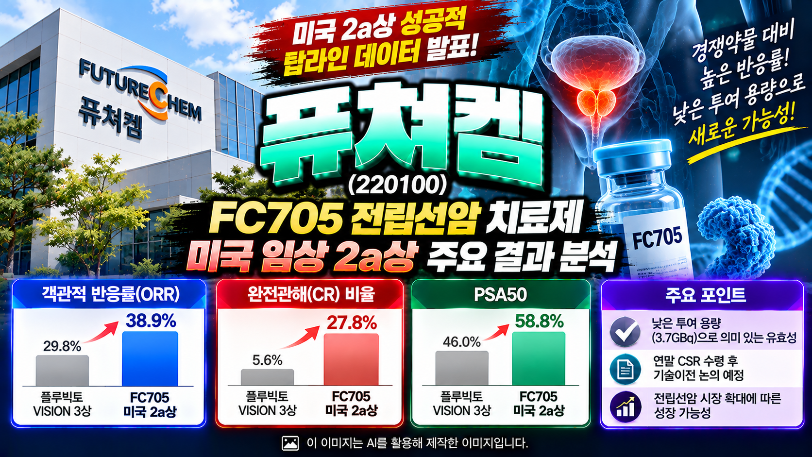 퓨쳐켐(220100) FC705 전립선암 치료제 미국 임상 2a상 결과 분석, 객관적 반응률 38.9%, 완전관해 27.8%, PSA50 58.8% 기록 및 플루빅토 비교와 기술이전 가능성