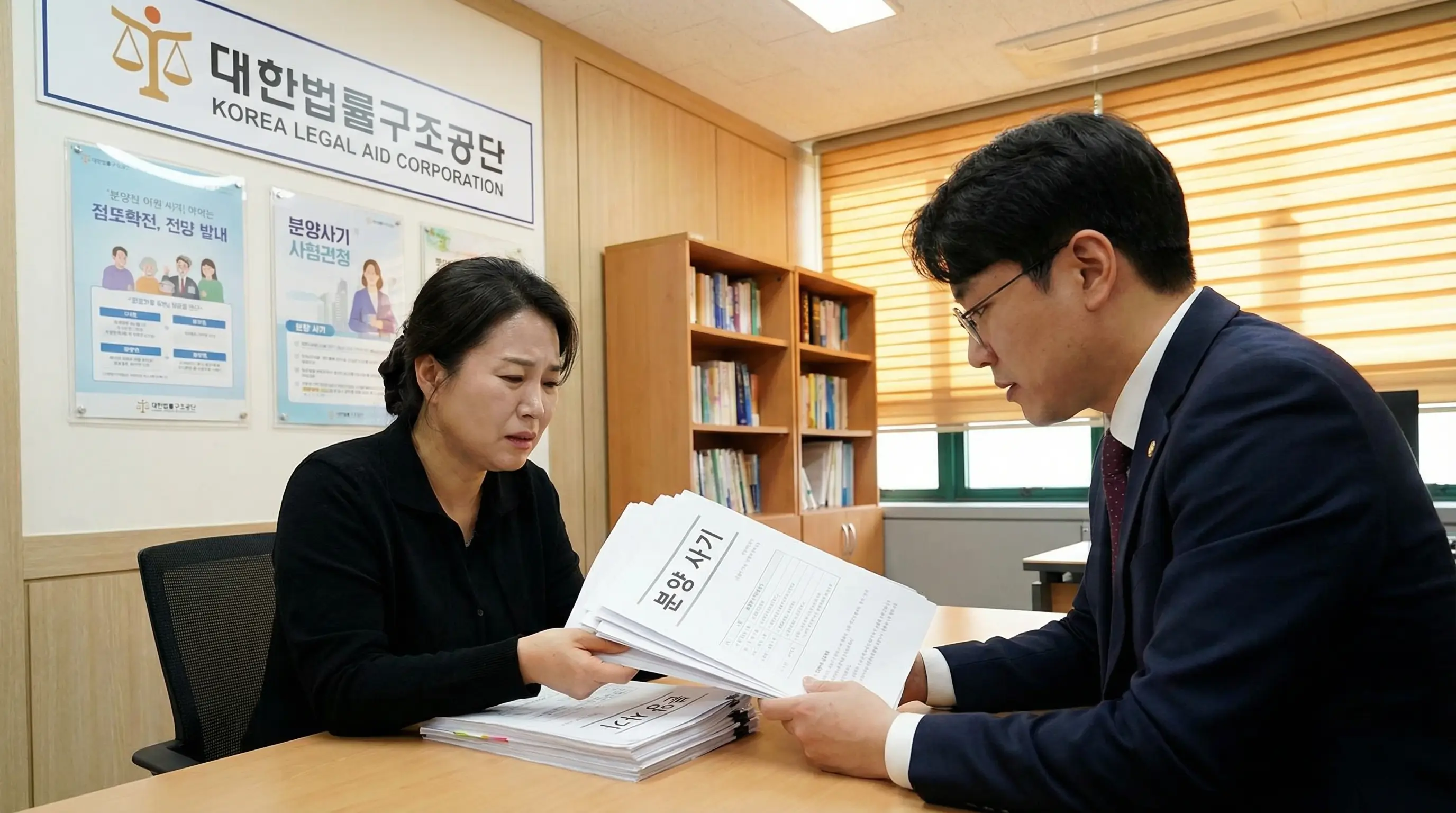 대한법률구조공단 상담실에서 한국인 피해자가 변호사에게 분양 사기 관련 서류를 보여주며 법률 상담을 받는 전문적인 분위기