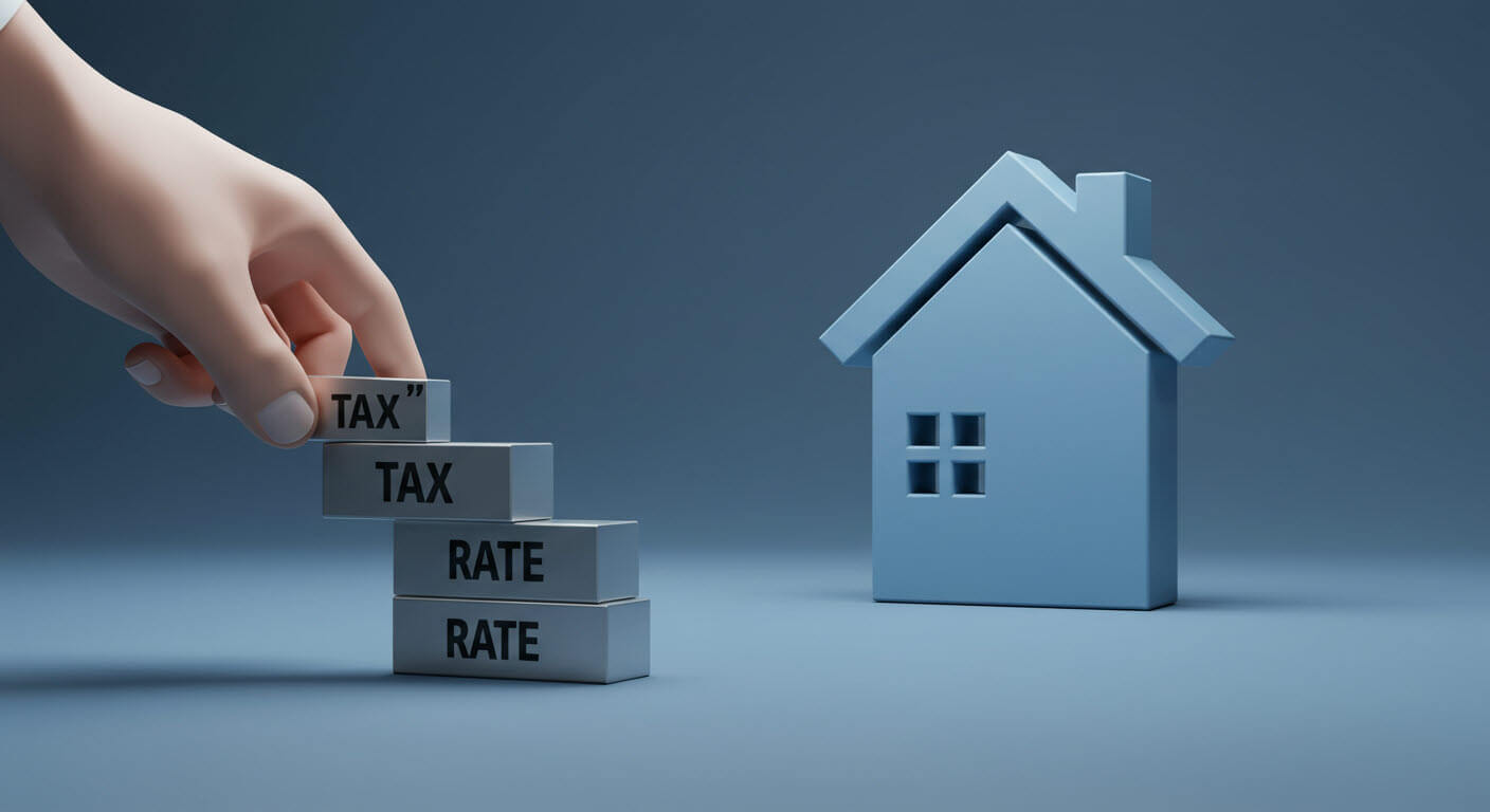 집모형이 있고 tax 와 rate 를 쌓고 있는 손이 있다
