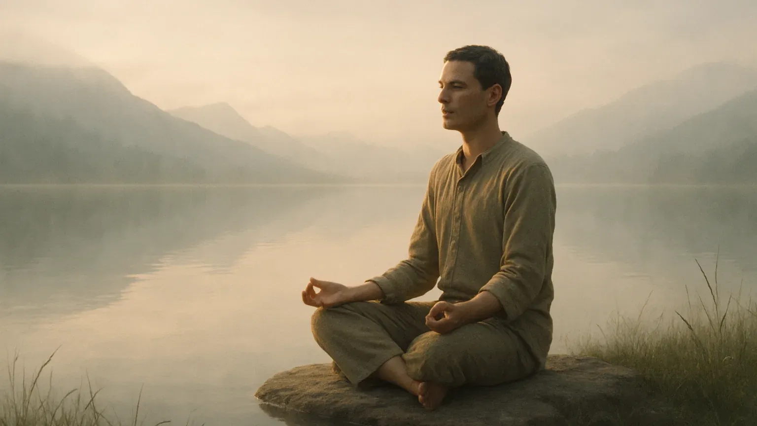 고요한 자연 속에서 명상하며 자기 성찰을 하는 사람의 평화로운 모습