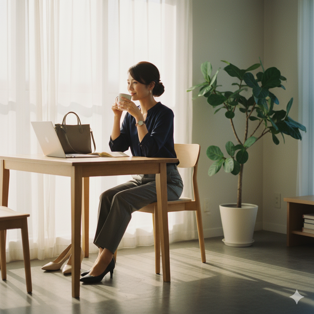 아침 햇살이 비추는 방에서 여유롭게 커피를 마시며 출근 준비를 하는 직장인의 모습 (이미지 생성:google)