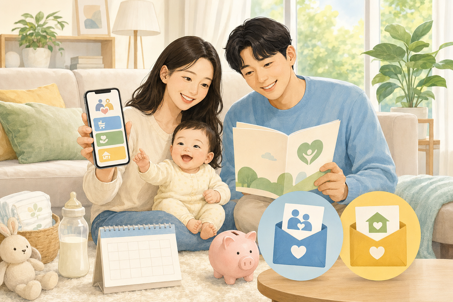 부모와 아기가 스마트폰으로 부모급여와 아동수당을 확인하는 이미지