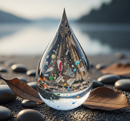맑은 물방울속에 작은 입자의 미세플라스틱을 표현한 사진