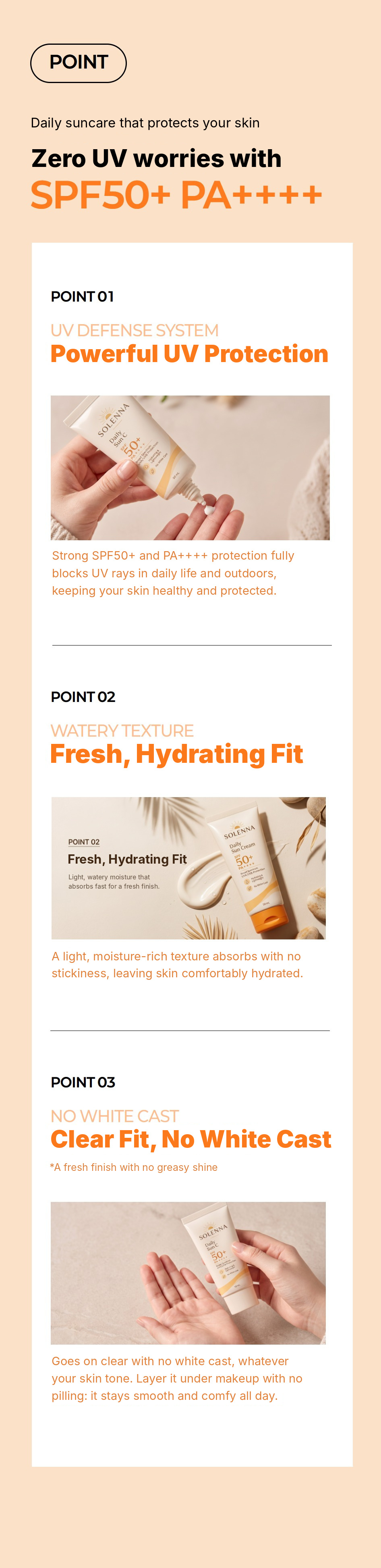 Sunscreen detail page created with Draph Art - SPF50+ PA++++ key points: UV protection, hydrating fit and no white cast