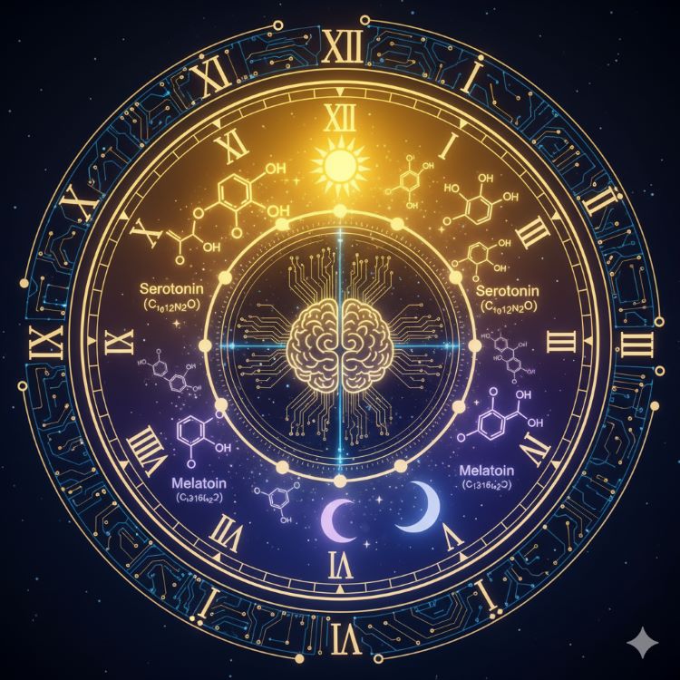 24시간 시계 다이얼을 배경으로 낮에는 밝은 태양 아래 세로토닌 분자가 황금빛으로 빛나고, 밤에는 달과 별 아래 멜라토닌 분자가 은은한 보라빛으로 표현된 이미지. 중앙에는 뇌의 송과선이 두 호르몬을 연결하는 모습이 있고, 원형 패턴으로 24시간 생체시계가 시각화된 과학적이면서도 아름다운 인포그래픽