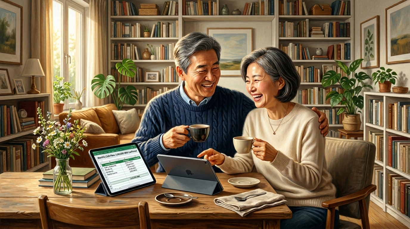 일요일 아침, 은은한 햇살이 비치는 거실 테이블 위에서 한 중년 부부가 태블릿으로 완성된 월 500만 원 배당금 시뮬레이션 명세서를 확인하며 여유롭게 모닝커피를 즐기는 평온하고 풍요로운 일상 일러스트