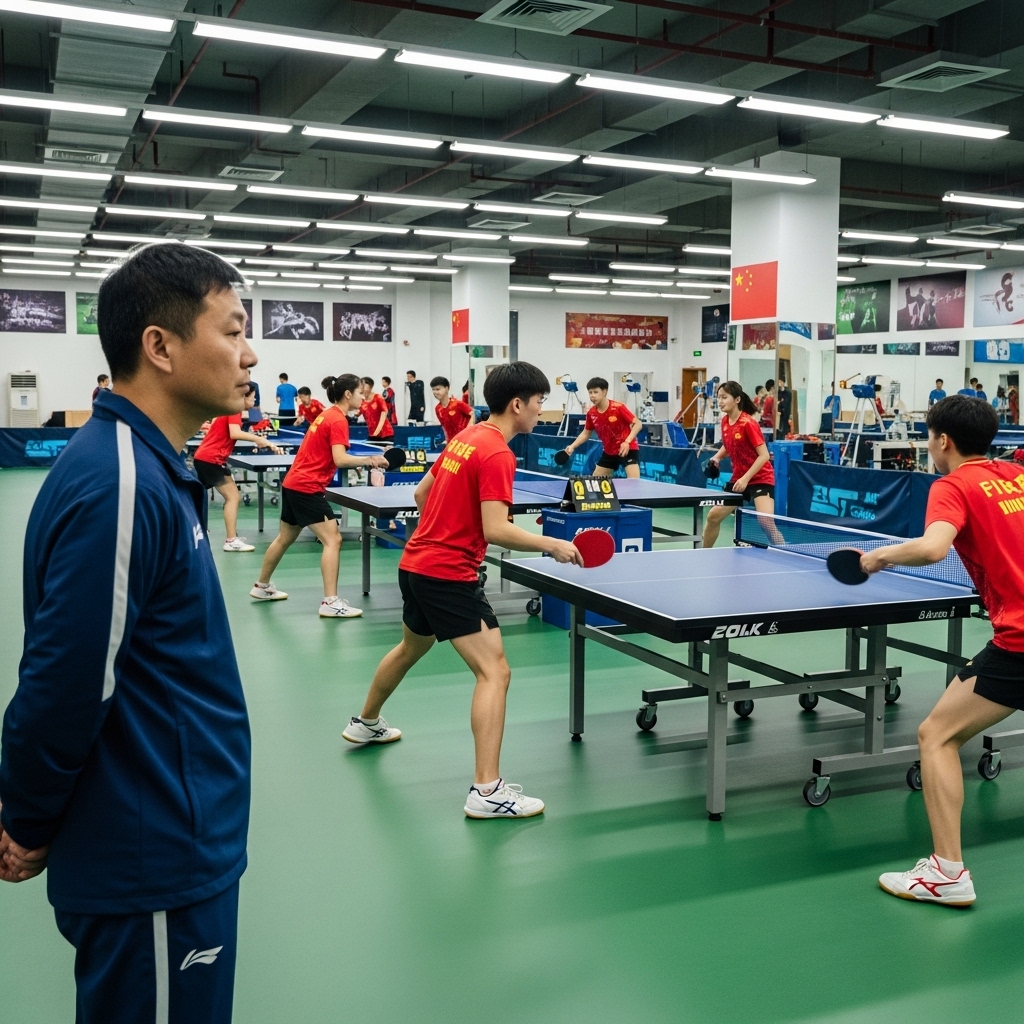 중국 탁구 국가대표 훈련장에서 코치가 선수들의 훈련을 진지하게 지켜보는 모습.