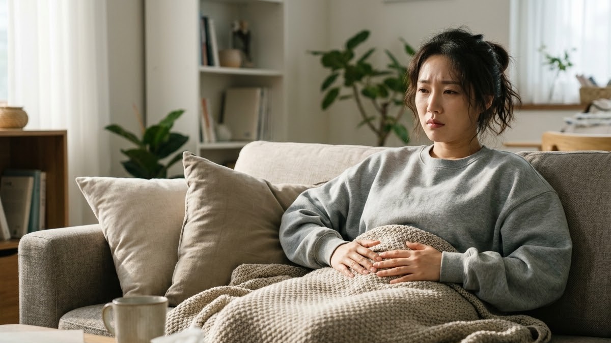 소파에서 아랫배를 감싸고 지친 표정을 짓는 여성