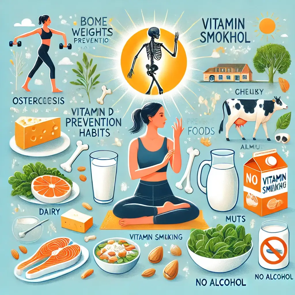 운동을 하는 여성과 골다공증에 좋은 우유, 견과류 녹색 채소등이 그려진 이미지