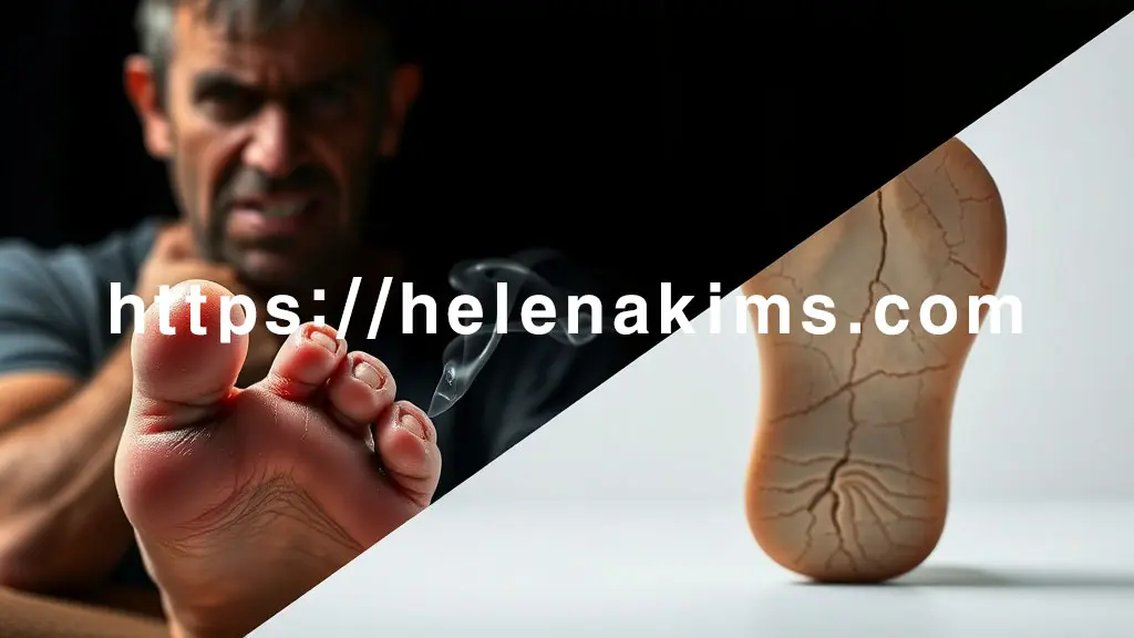 왼쪽 상단: 어두운 배경 위로, 코를 찡그리는 사람의 얼굴 실루엣이 보인다. 전경에는 땀에 축축하고 짓무른 발가락 사이가 강조된 발이 클로즈업되어 있으며, 미세하게 연기 같은 냄새 분자가 불쾌한 발 냄새를 표현한다.
오른쪽 하단: 밝고 깨끗한 배경 위로, 피부가 심하게 갈라진 발바닥 또는 발뒤꿈치가 클로즈업되어 있다.