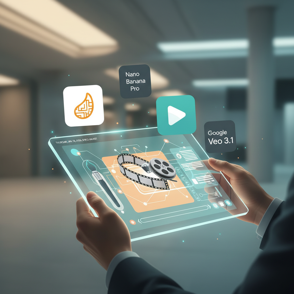 나노바나나 프로와 Veo 3.1 등 차세대 AI 도구가 융합된 미래의 창의적 콘텐츠 제작 생태계 시각화.