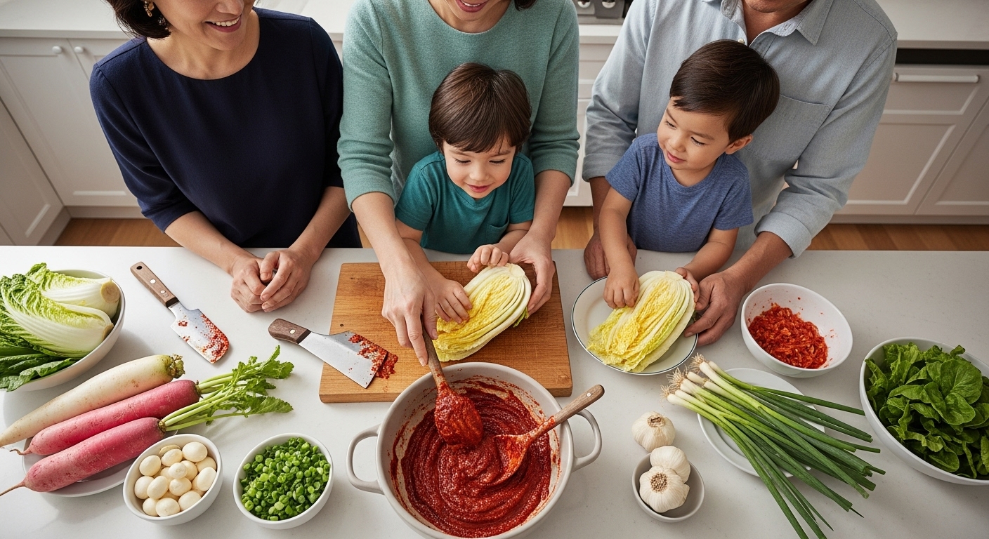 2025년 김장철, 온 가족이 모여 신선한 배추와 양념으로 맛있는 김치를 담그는 즐거운 풍경.